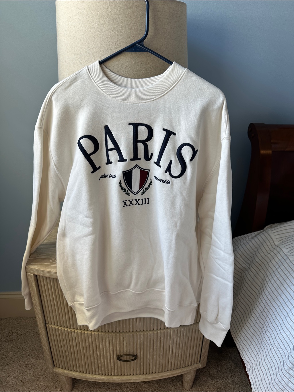 Hollister White Crewneck Sweatshirt With Navy Paris Crest